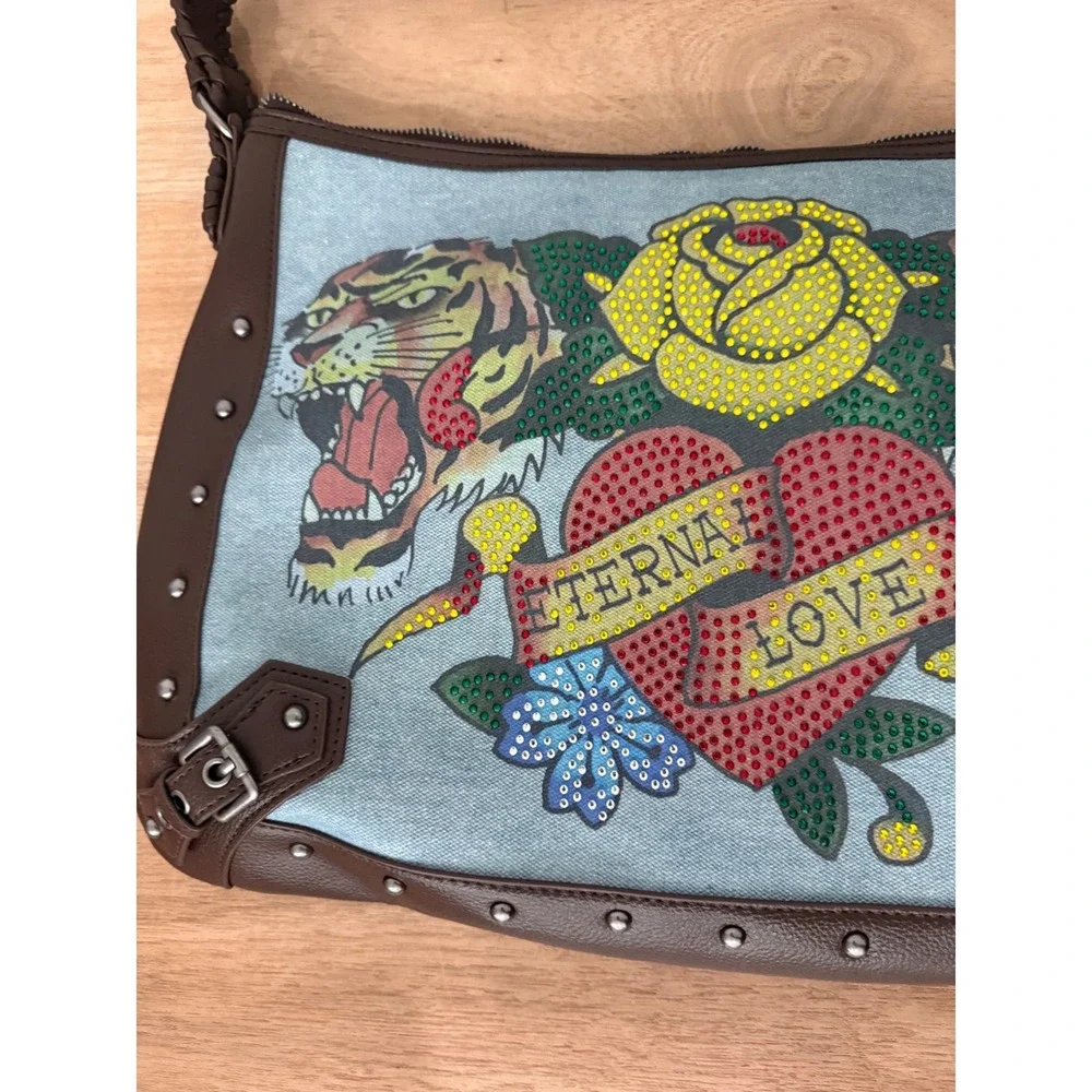 Ed Hardy Eternal Love Rhinestone Denim Brown Studded Hobo Bag New With Tags